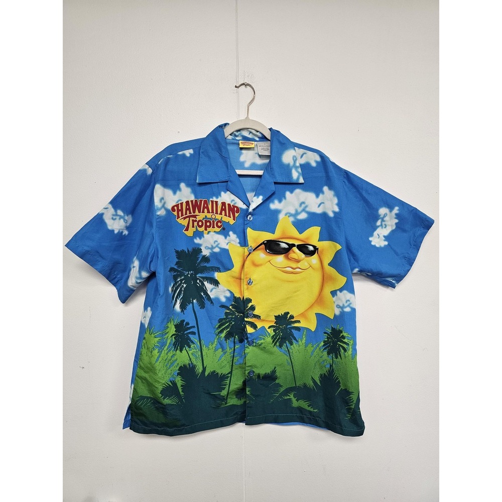 Hawaiian Tropic Shirt Mens Large Blue Hawaiian‎ Aloha Camp Button Front Sun